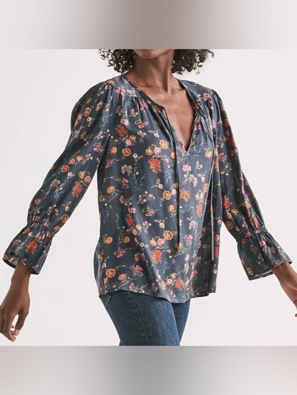 Lucky Brand Printed Bell Sleeve Top Navy Floral Women’s Medium Vintage Inspired
